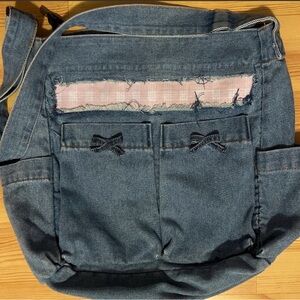 Denim Shoulder Bag with Pink Plaid / Palaka Accent